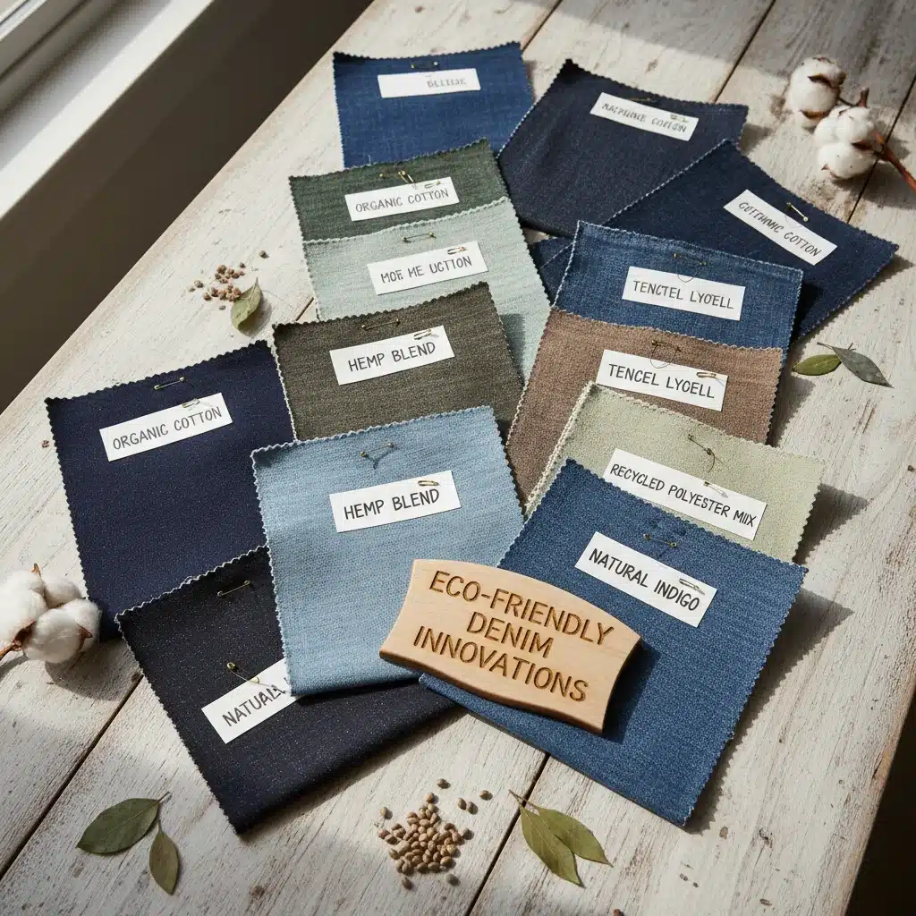 Sustainable denim fabric swatches made from organic, recycled, and alternative fibers.