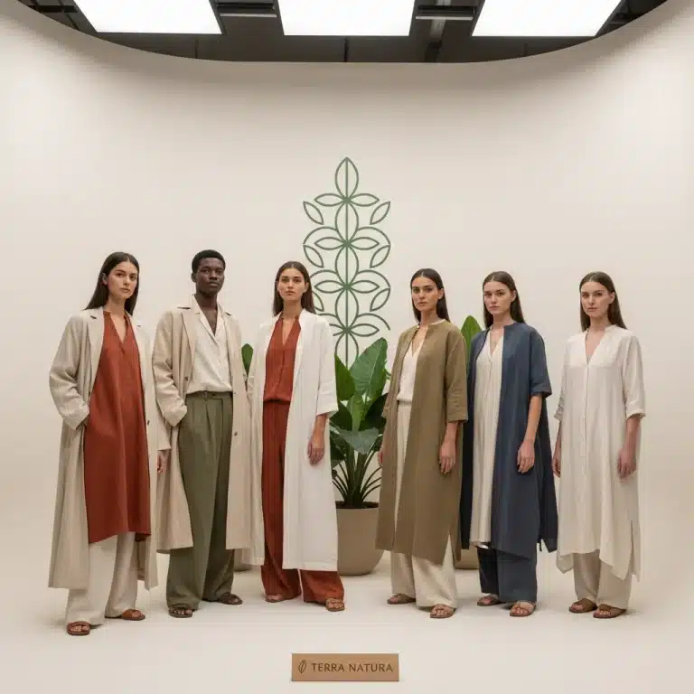 Models showcasing high-quality sustainable fashion garments in a modern setting