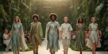 Models wearing sustainable fashion designs on a runway with green foliage