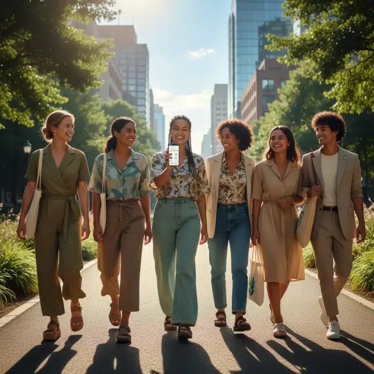 Diverse young adults in stylish sustainable clothing walking in a park, embodying eco-friendly fashion.