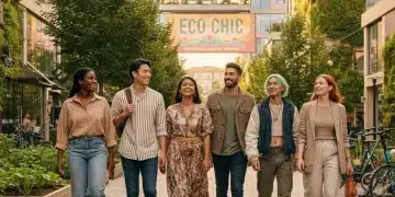 Diverse individuals wearing eco-friendly clothing in an urban environment, promoting sustainable fashion choices for 2026.