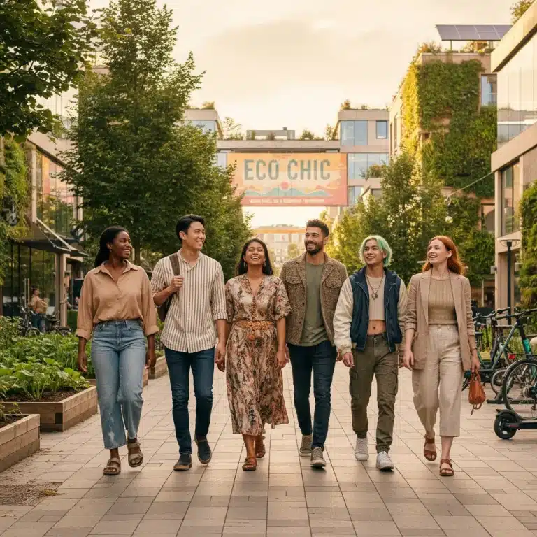Diverse individuals wearing eco-friendly clothing in an urban environment, promoting sustainable fashion choices for 2026.