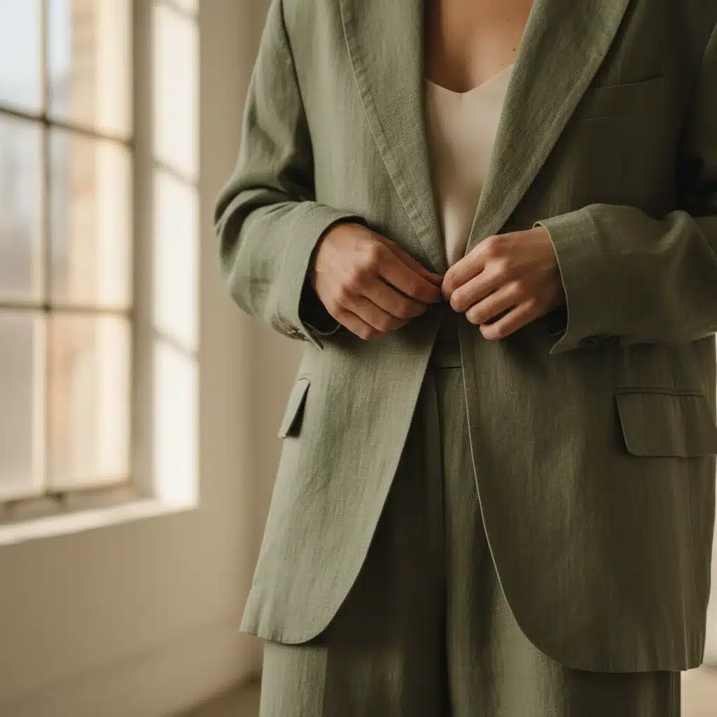 Hands adjusting an oversized tailored blazer made from sustainable fabric, showcasing comfortable professional attire.
