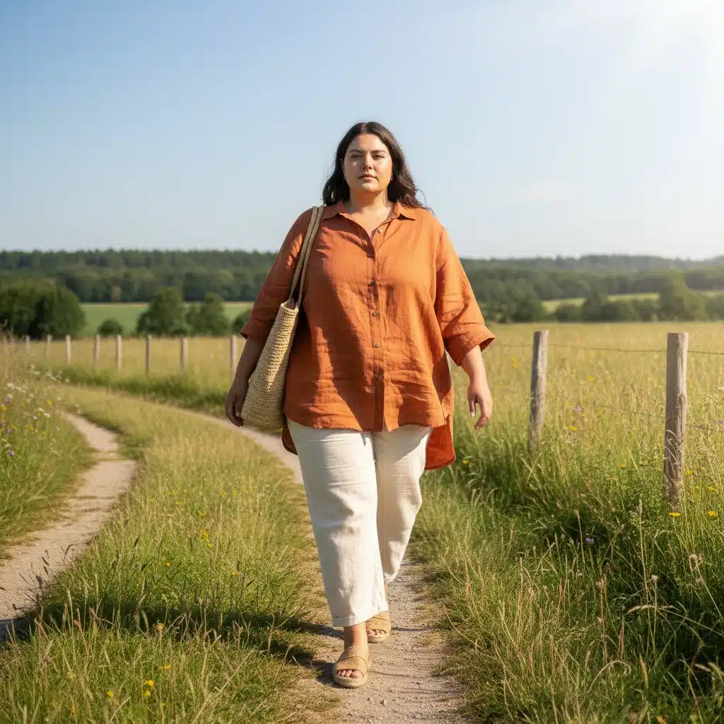 Plus-size person in sustainable linen and organic cotton clothing, promoting eco-conscious style.
