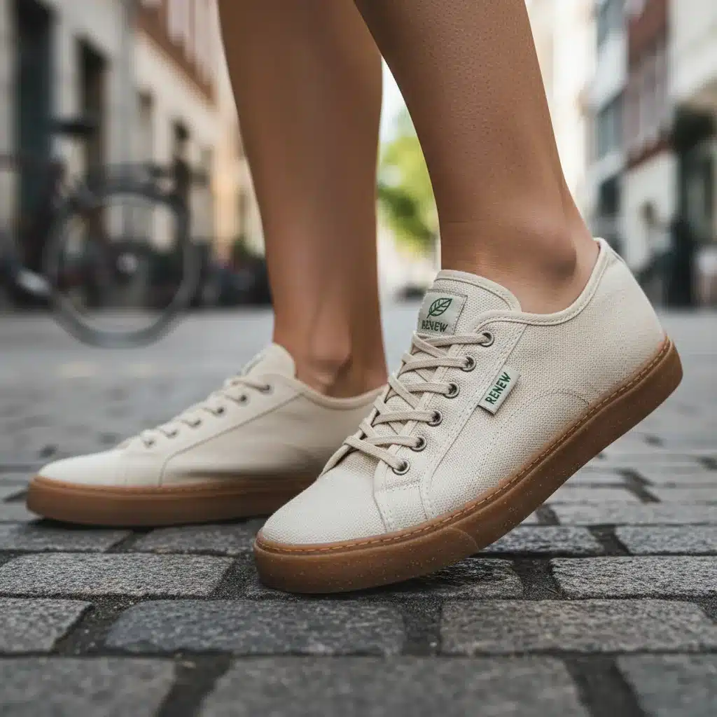 Person wearing minimalist sustainable sneakers on city street