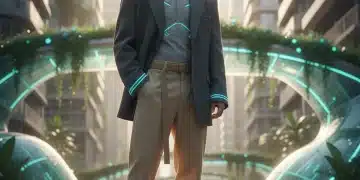 Stylish man in sustainable techwear, futuristic urban setting