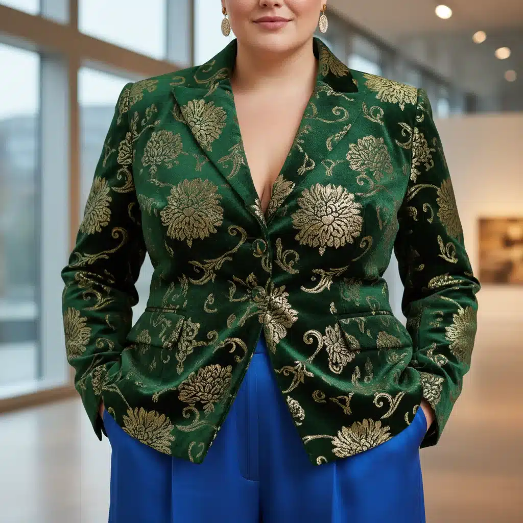 Plus-size model in a tailored jewel-toned blazer and wide-leg trousers, showcasing structured elegance.