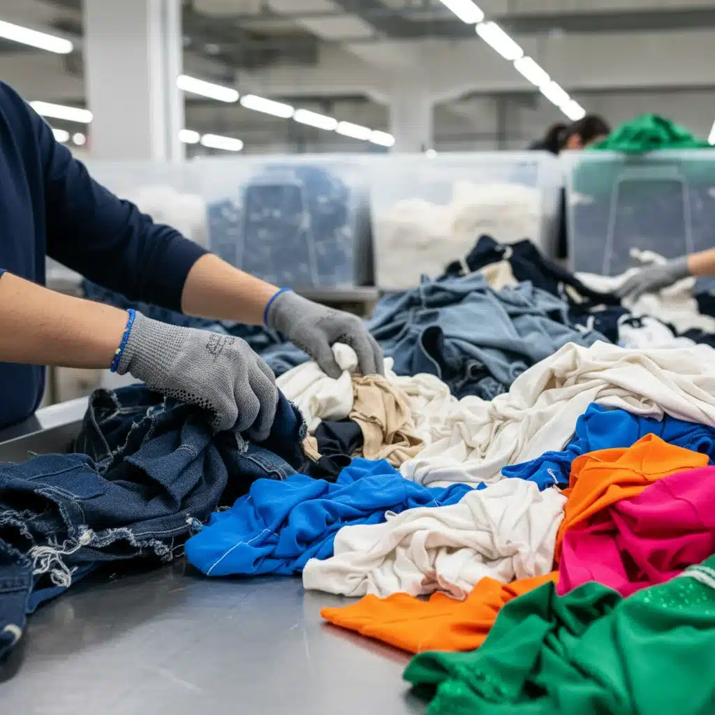 Hands sorting textile waste for recycling in a sustainable fashion facility