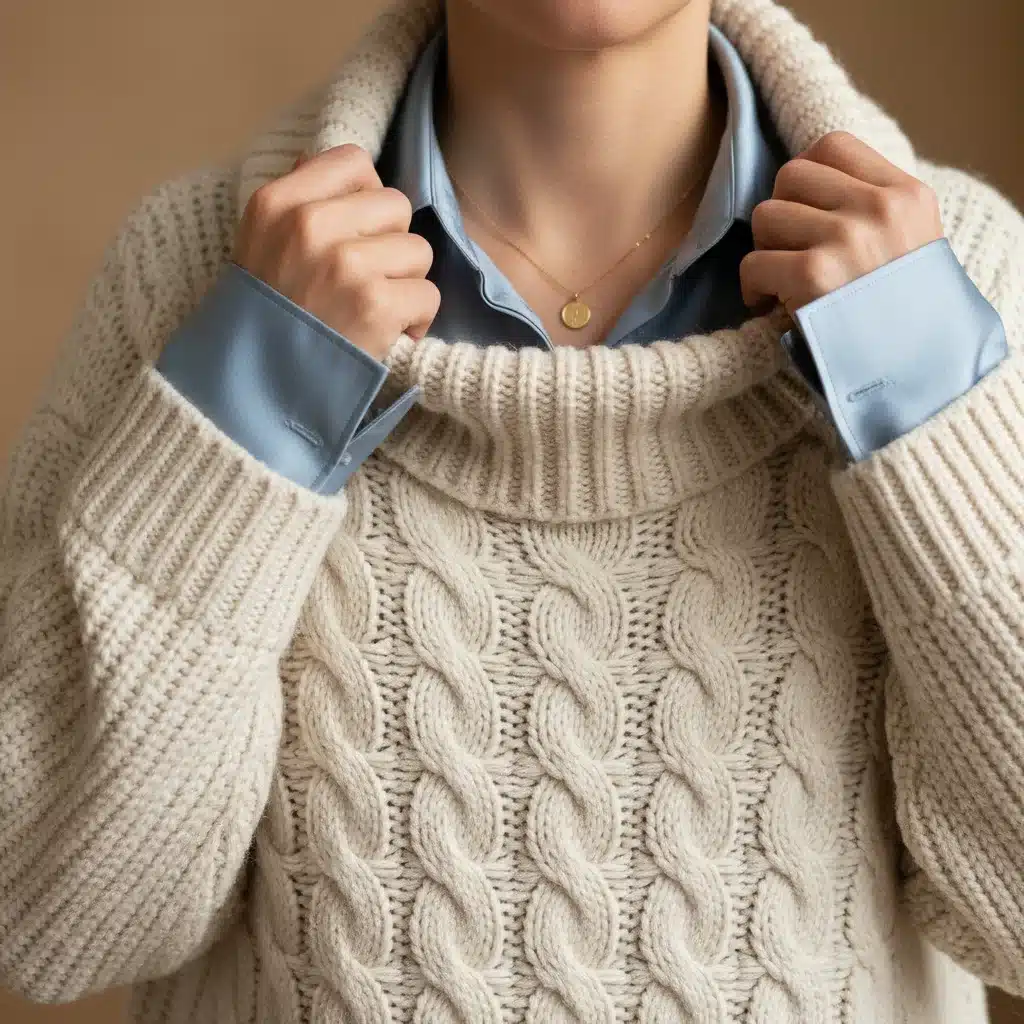 Close-up of a person showcasing texture play in layering, chunky knit over silk blouse, fashion detail