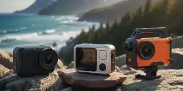 Three advanced action cameras on a rock, ready for adventure recording.