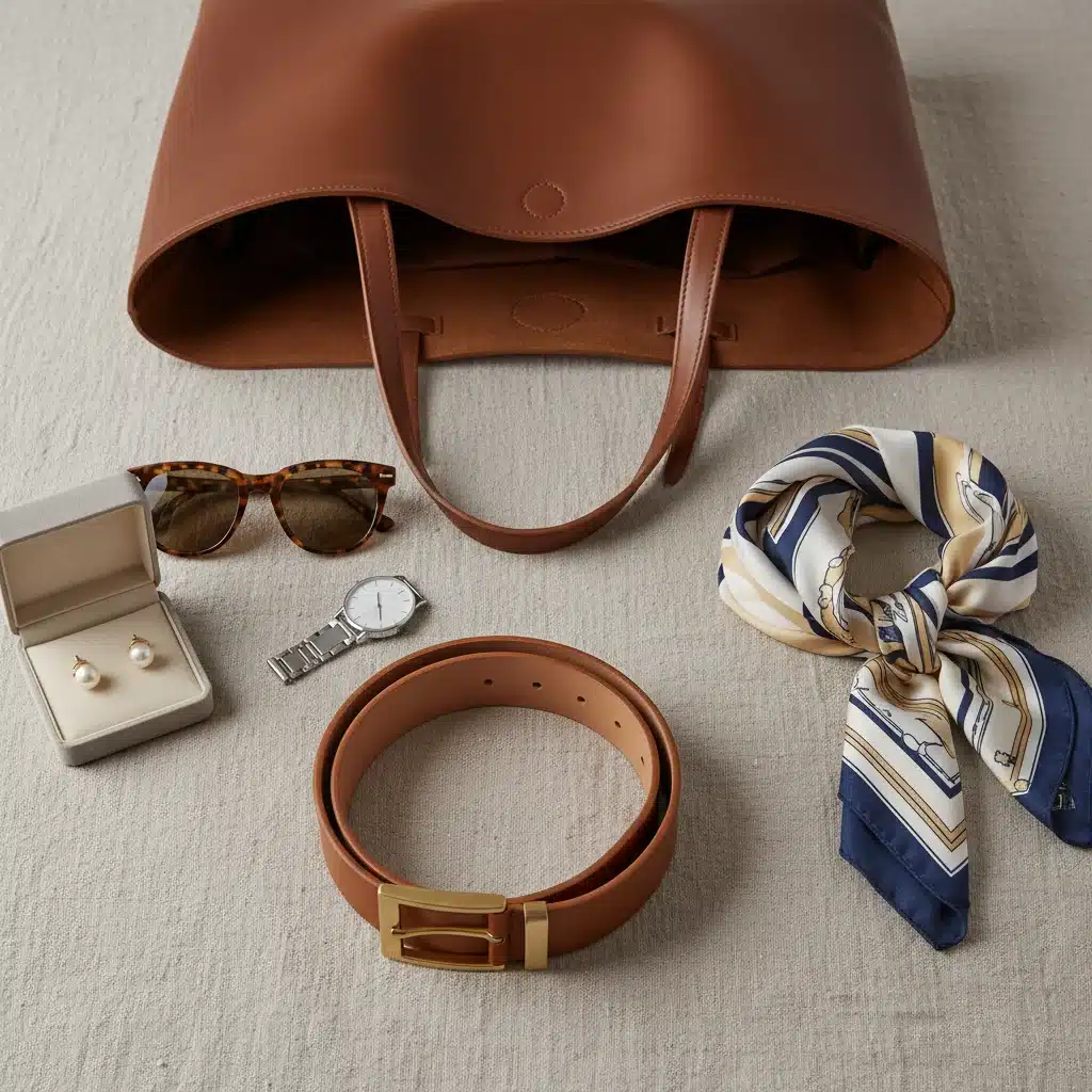 High-quality timeless accessories including a leather belt, silk scarf, and tote bag