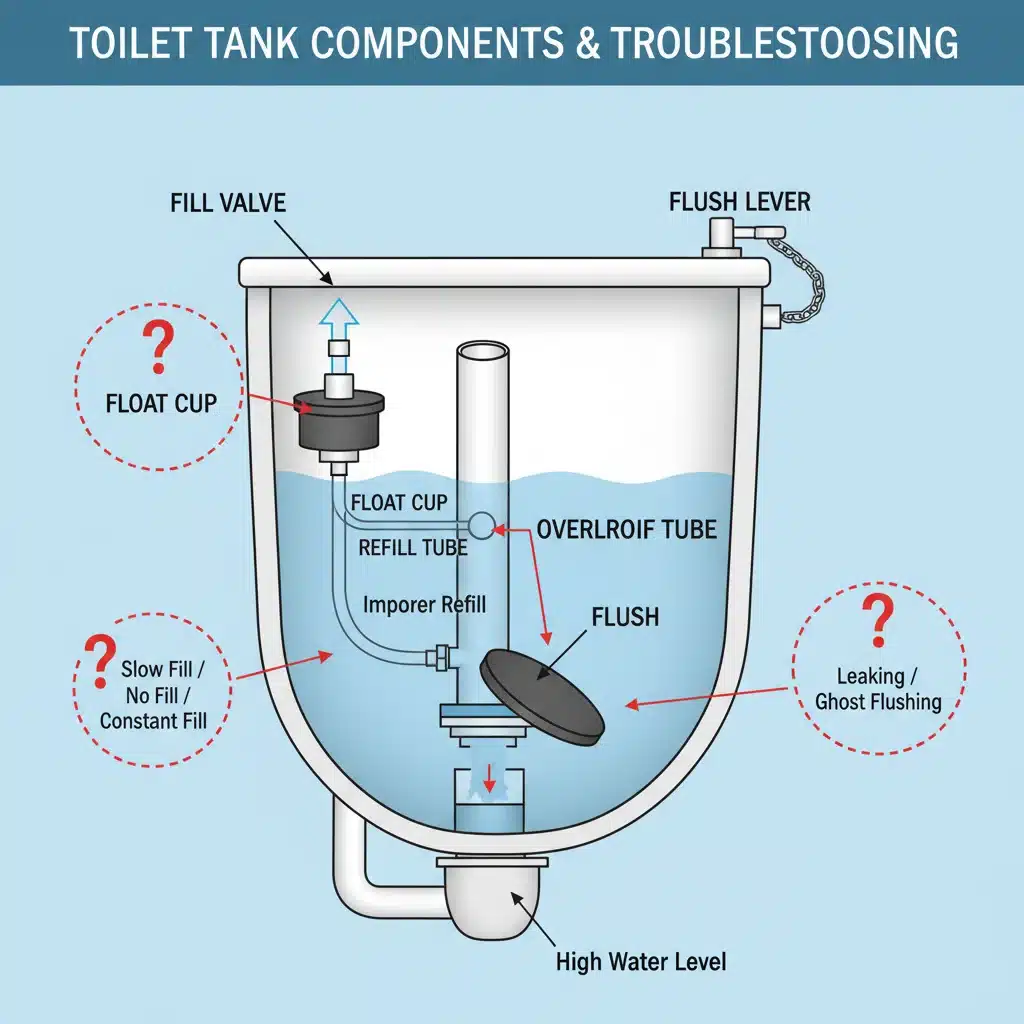 Diagram of toilet tank components explaining how a toilet works and common repair points.