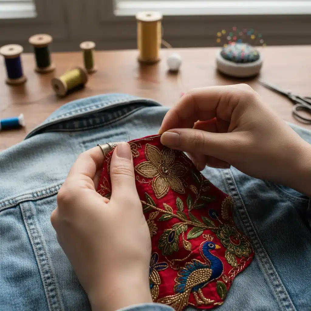 Intricate embroidery on Indian textiles merging with modern American denim fashion.