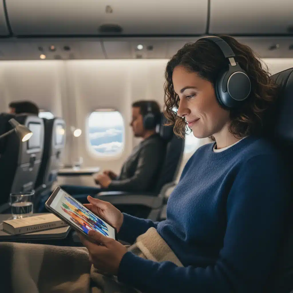 Person wearing noise cancelling headphones on airplane, enjoying quiet travel.
