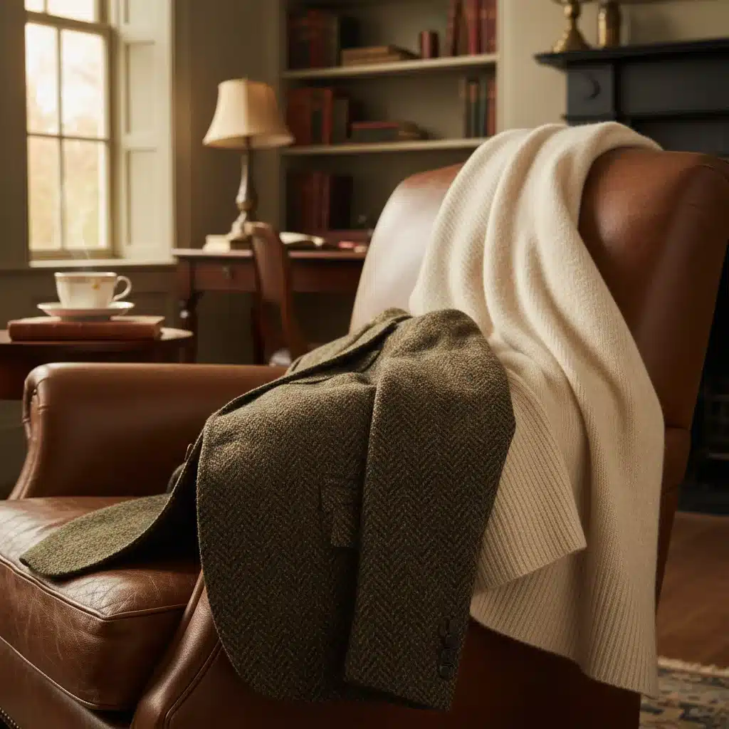 Tailored tweed blazer and soft cashmere throw in cozy study