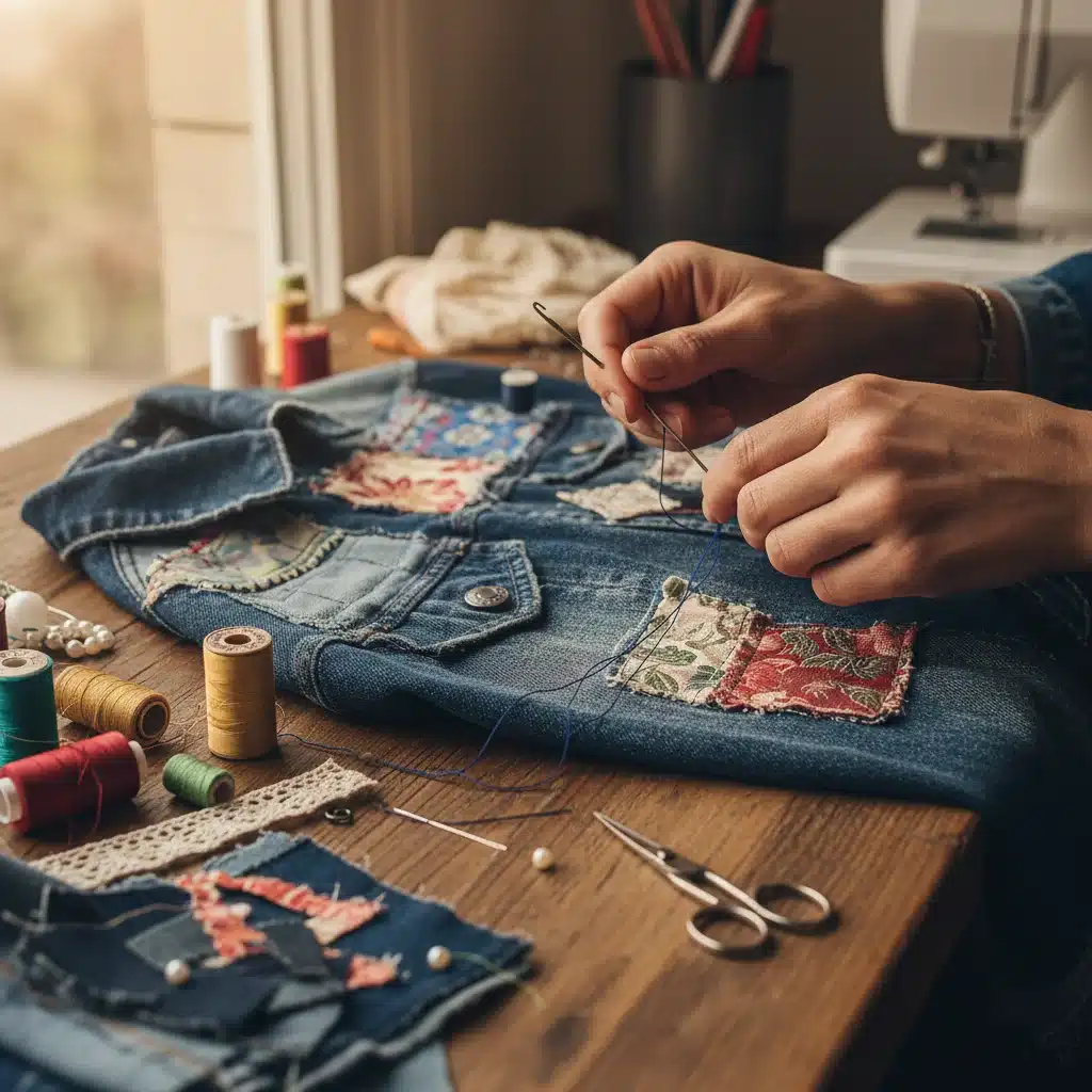 Hands crafting upcycled denim, symbolizing sustainable fashion practices.