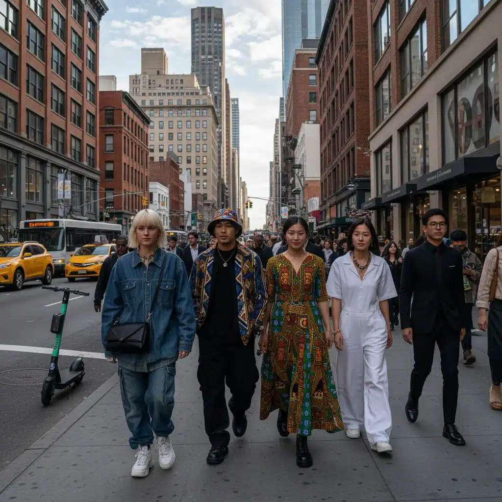 Diverse urban crowd in US city showcasing a mix of global streetwear and cultural fashion influences.