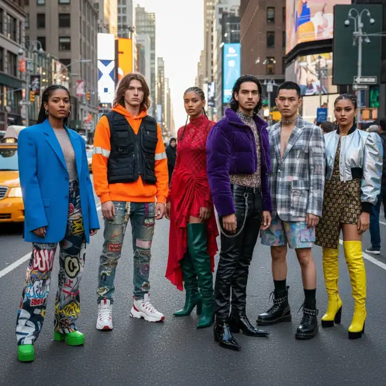 Diverse individuals displaying modern street style fashion in an urban environment.