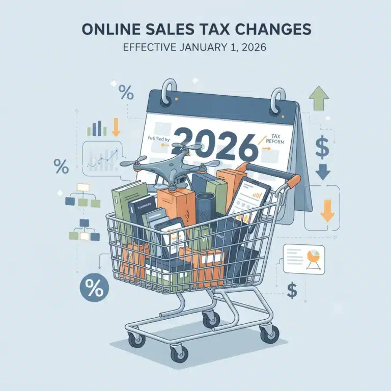 Illustration of online shopping cart with 2026 calendar and dollar signs representing US sales tax changes