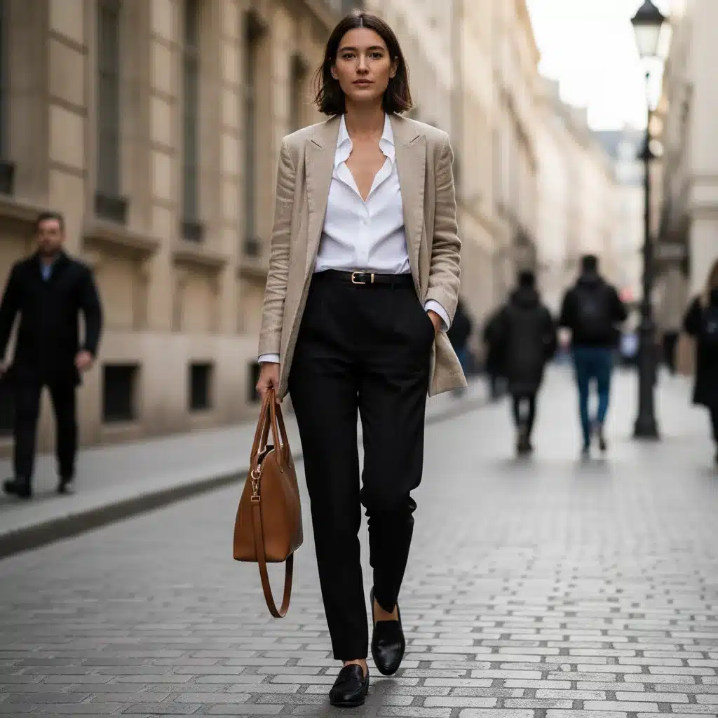 Woman confidently walking in a versatile capsule wardrobe outfit, featuring tailored trousers and a blazer.
