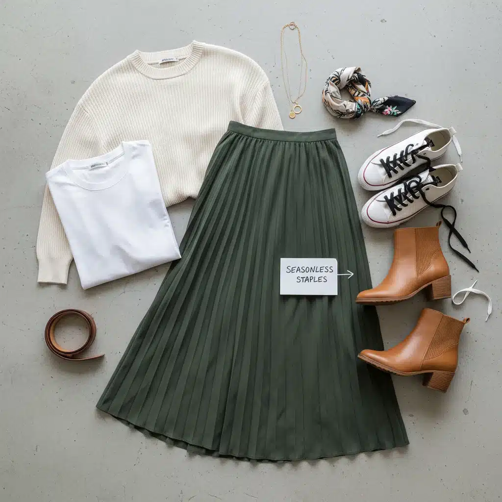Flat lay of versatile clothing for seasonal transitions