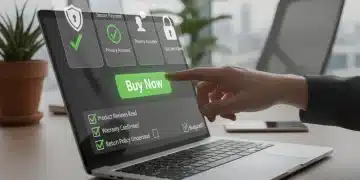 Hand hovering over 'Buy Now' button with a security checklist overlay.