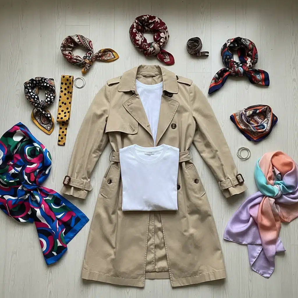Collection of colorful silk scarves arranged with a trench coat for versatile styling.