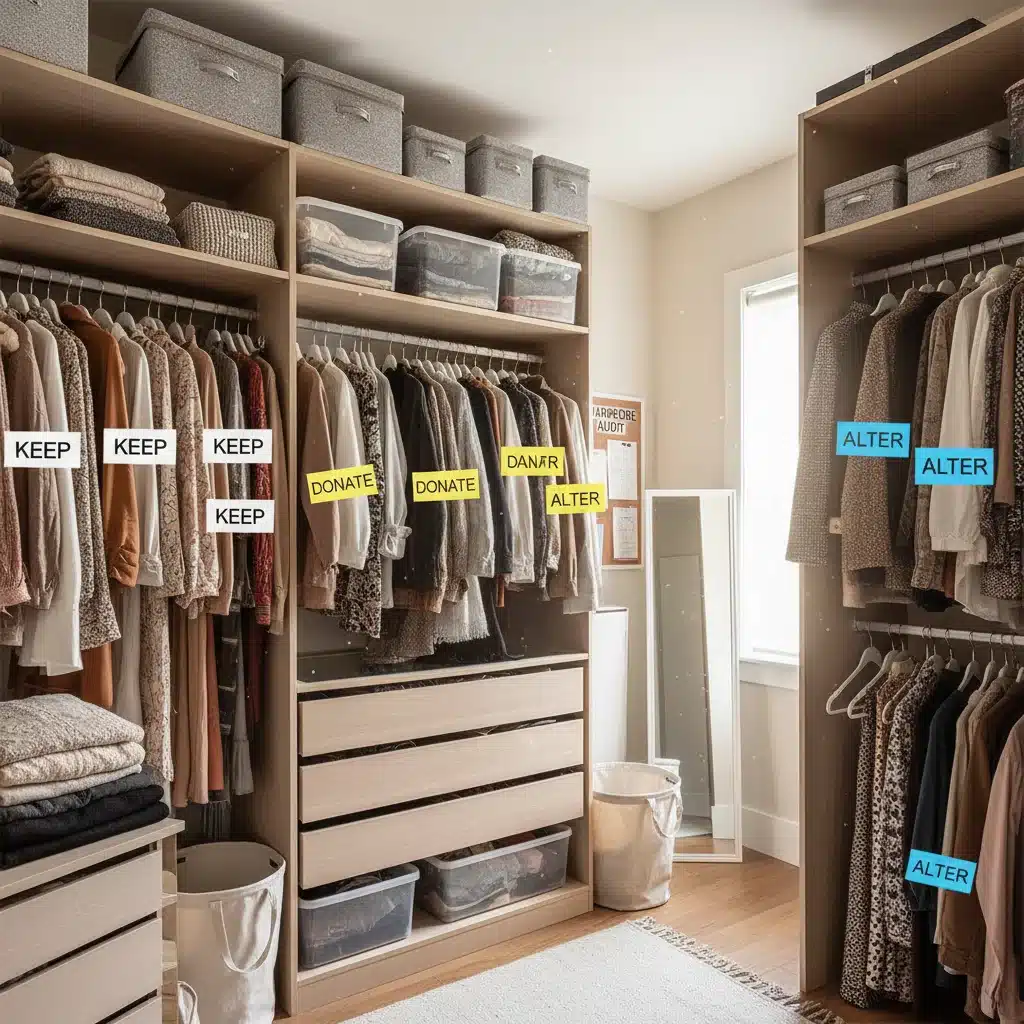 Organized closet with clothing tagged for audit and decluttering.
