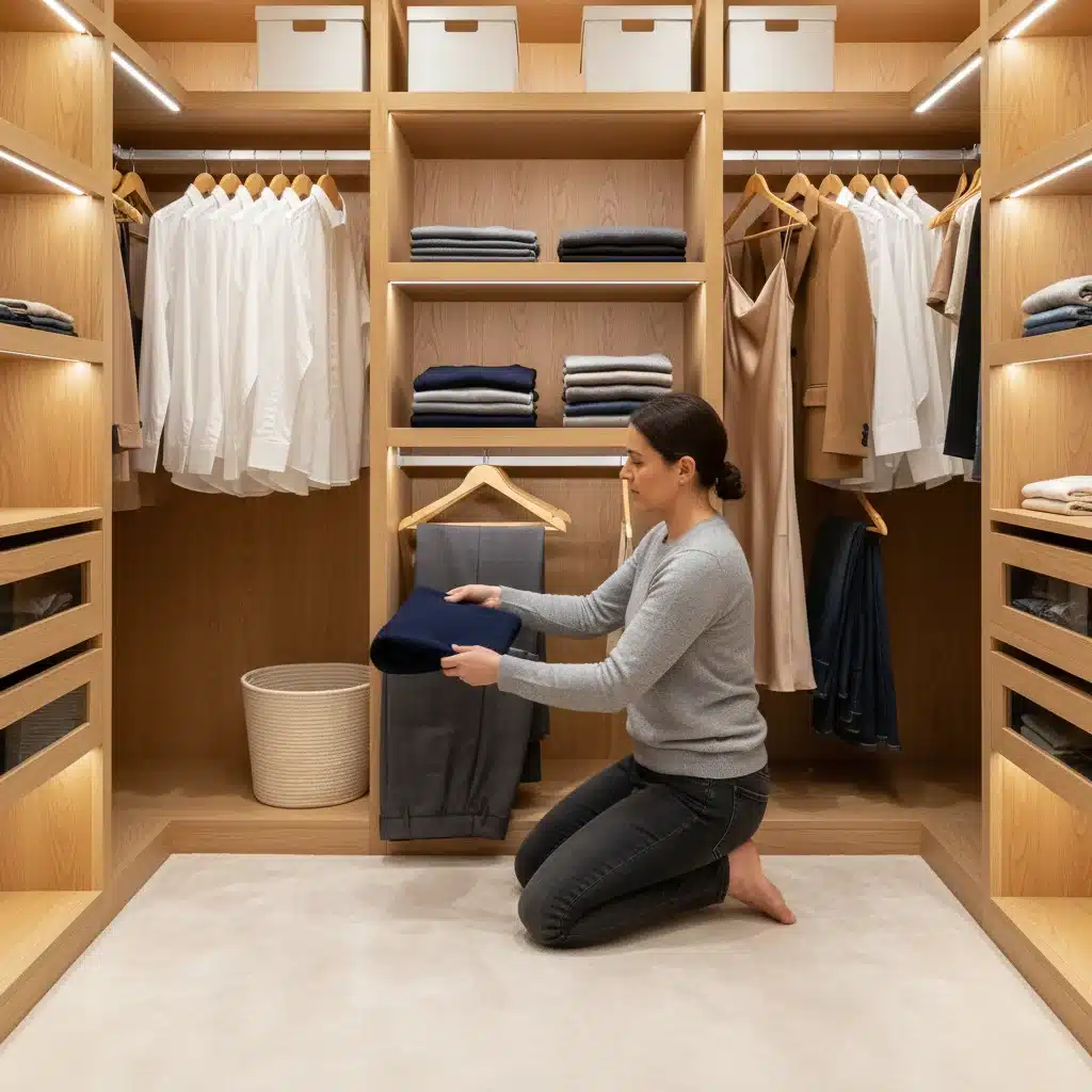 Person organizing and decluttering a functional capsule wardrobe