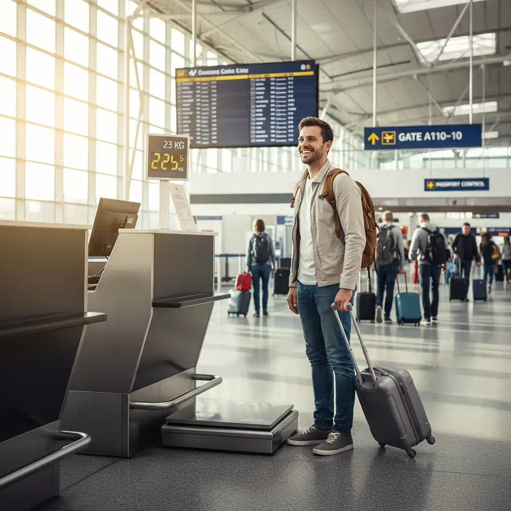 Traveler weighing luggage at airport check-in counter to avoid excess fees