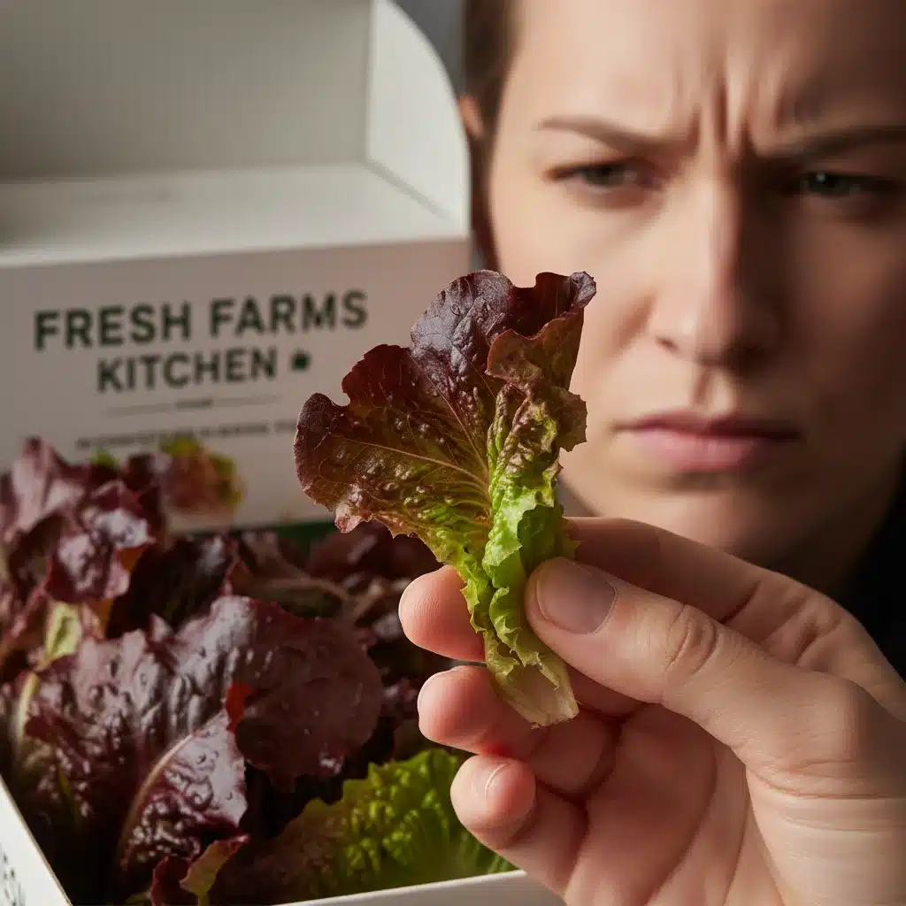 Hand examining a slightly wilted lettuce leaf from a meal kit, highlighting potential freshness issues.
