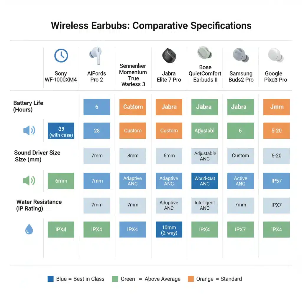 Comparison chart detailing battery life, sound quality features, and noise cancellation of seven different wireless earbud models.