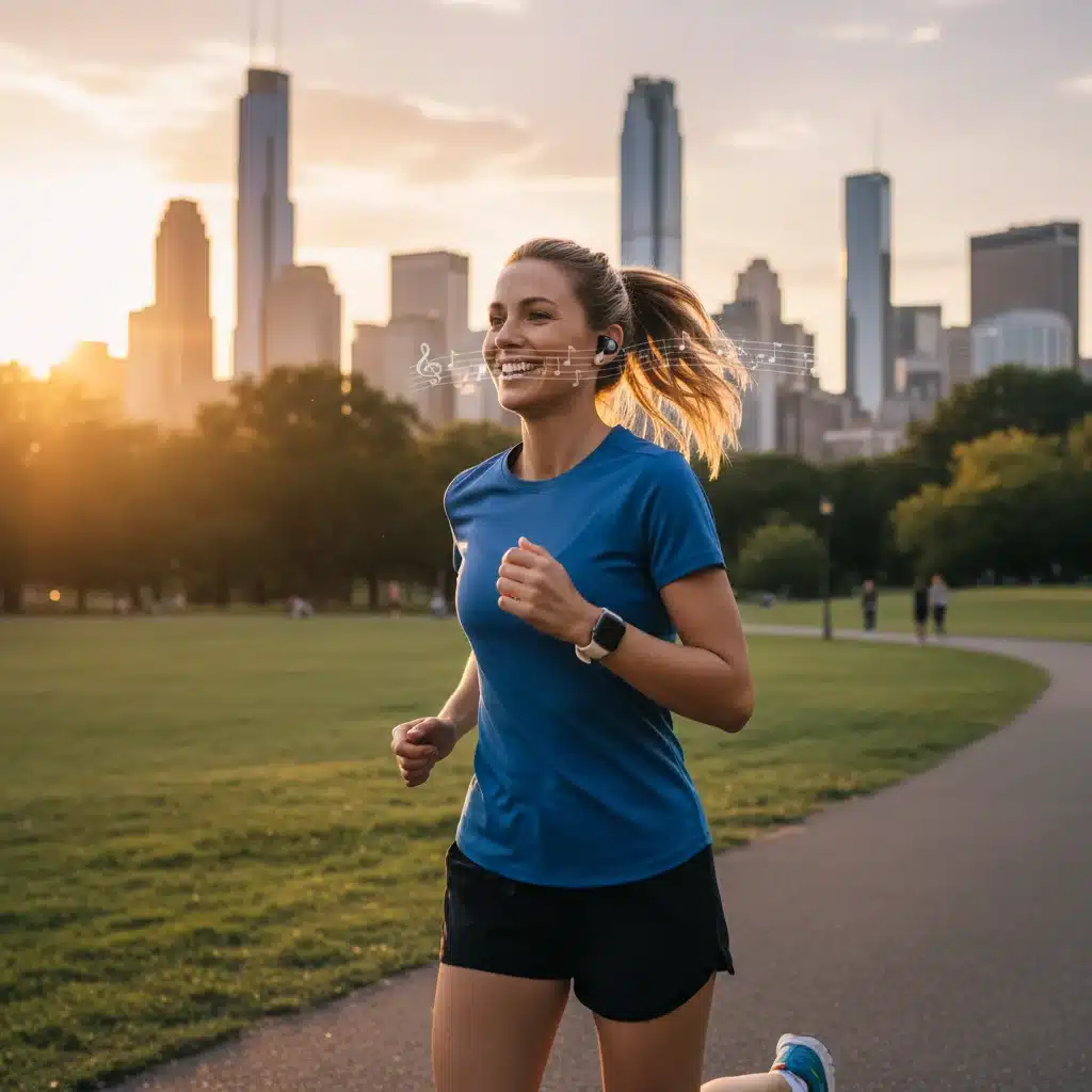 Wireless noise-canceling earbuds in use during an urban jog, providing clear audio.