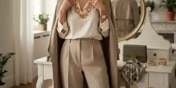Woman accessorizing with a statement necklace, elegant handbag, and silk scarf, representing elevated style.