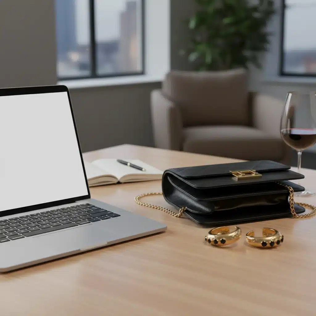 Desk with laptop, elegant handbag, and statement earrings for evening transition.