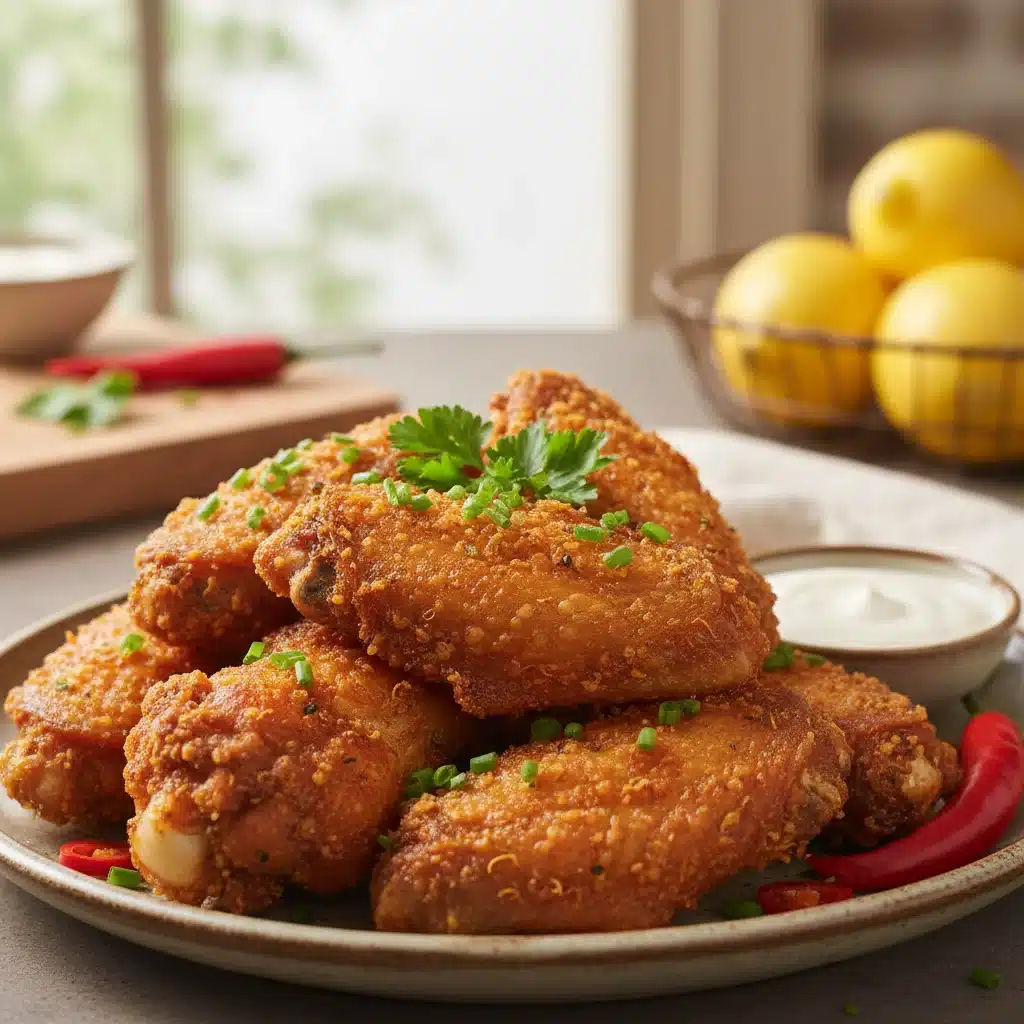 Crispy air-fried chicken wings on a plate, showcasing air fryer cooking results.
