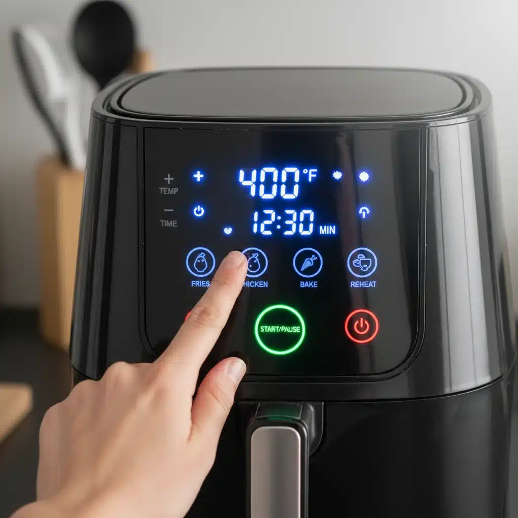Close-up of an air fryer's digital control panel with cooking settings.