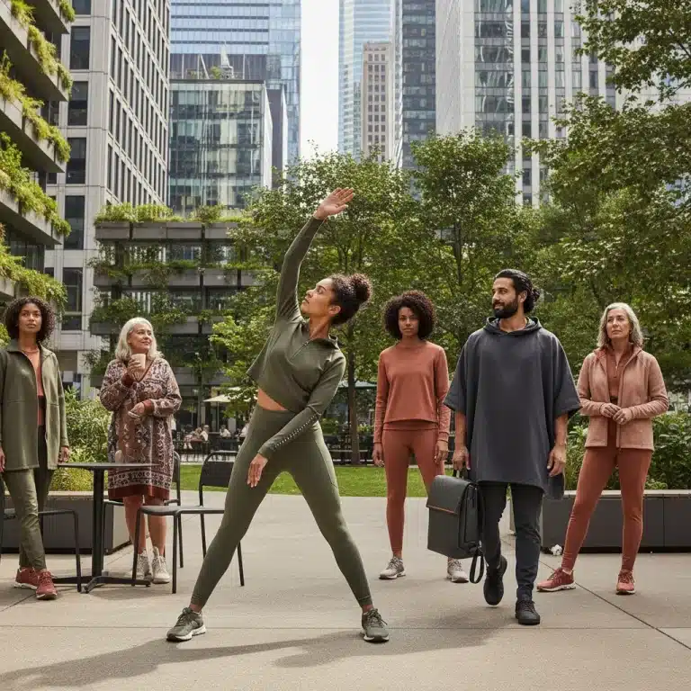 Diverse individuals showcasing 2026 athleisure trends in an urban environment, blending comfort and style.