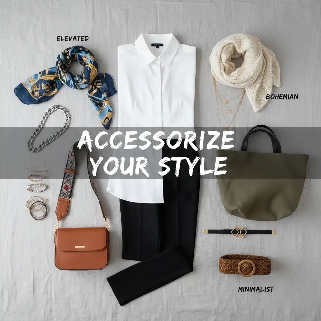 Flat lay of essential accessories complementing a capsule wardrobe, enhancing outfit versatility.