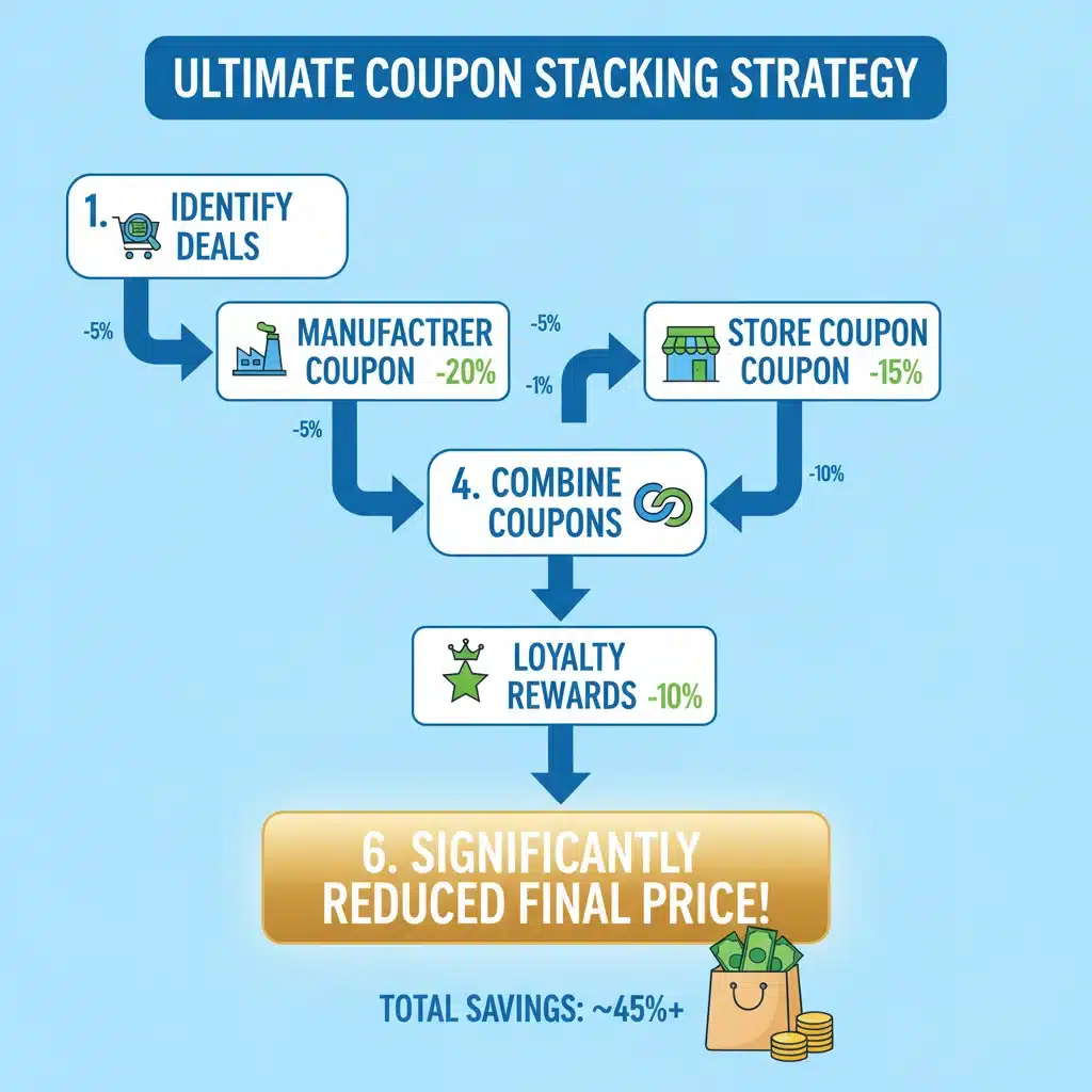 Infographic illustrating a step-by-step flowchart of a successful coupon stacking process with combined discounts.