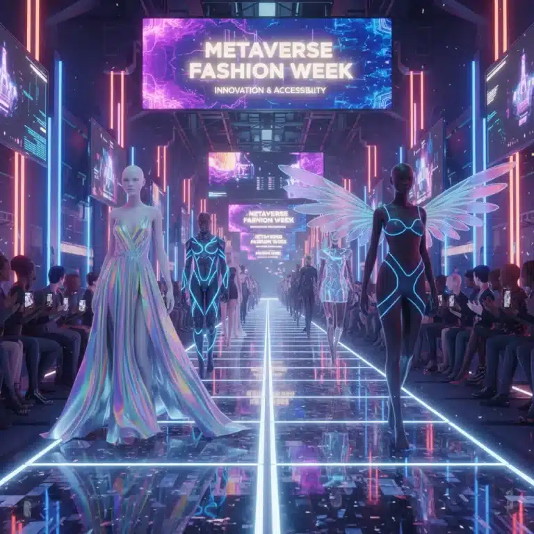 Futuristic digital fashion runway show in a metaverse setting