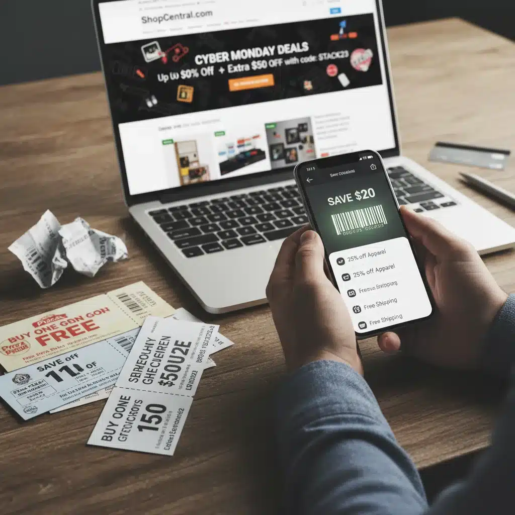 Hands using a smartphone for digital coupons with physical coupons on a table and a laptop showing online deals.