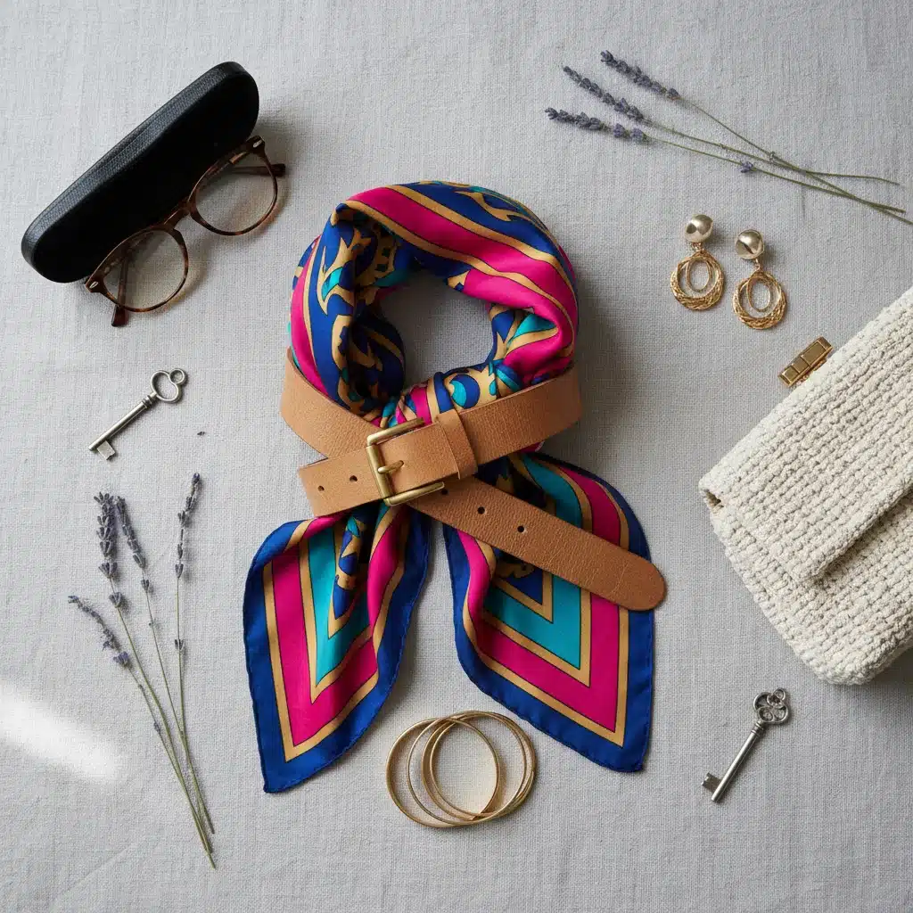 Flat lay of diverse accessories: silk scarf, leather belt, eyeglasses, and earrings.