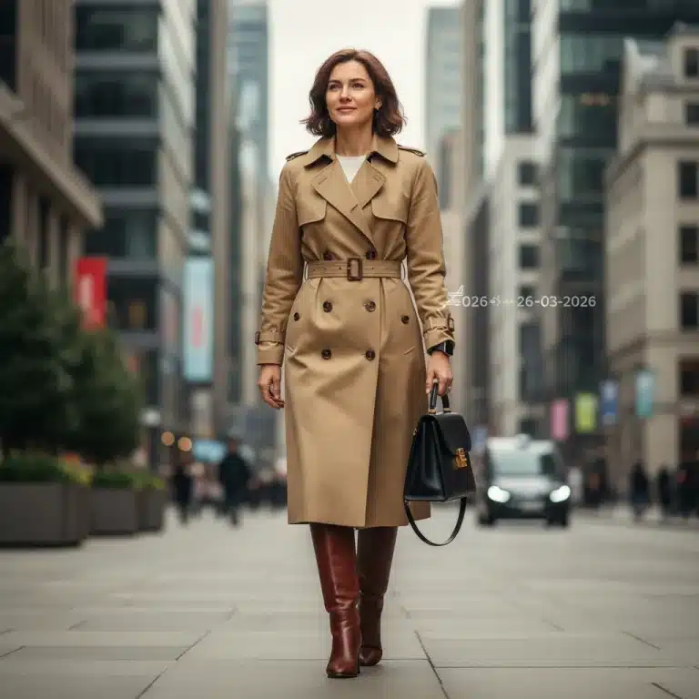 Woman wearing durable trench coat and leather boots, symbolizing smart fashion investment