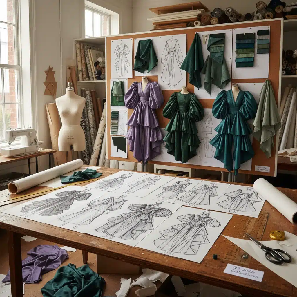 Fashion designer's studio with sketches and fabric swatches for Q3 2026 collection.