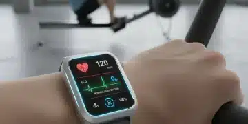 Futuristic smartwatch displaying health metrics on a wrist.