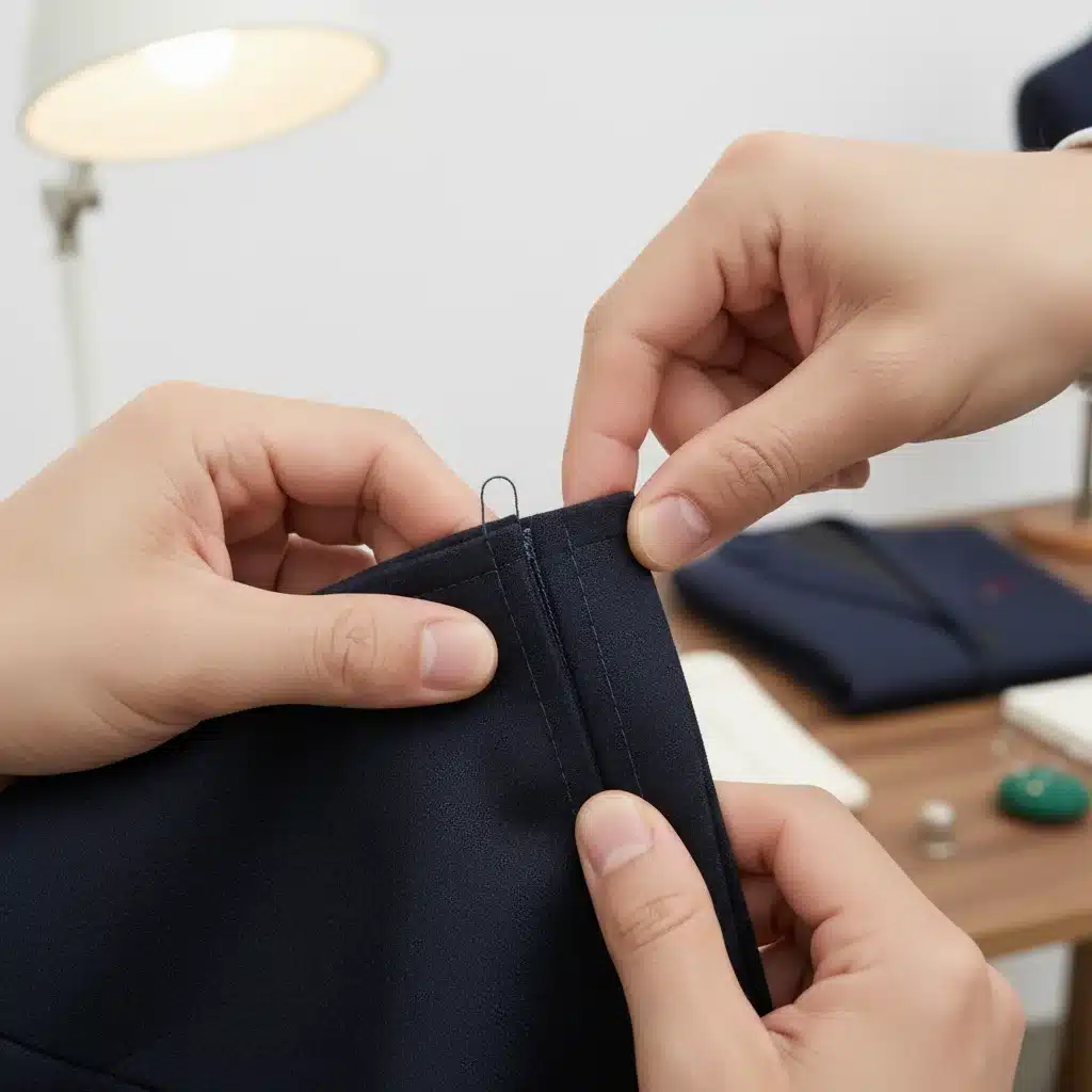 Person inspecting durable garment stitching and seam quality