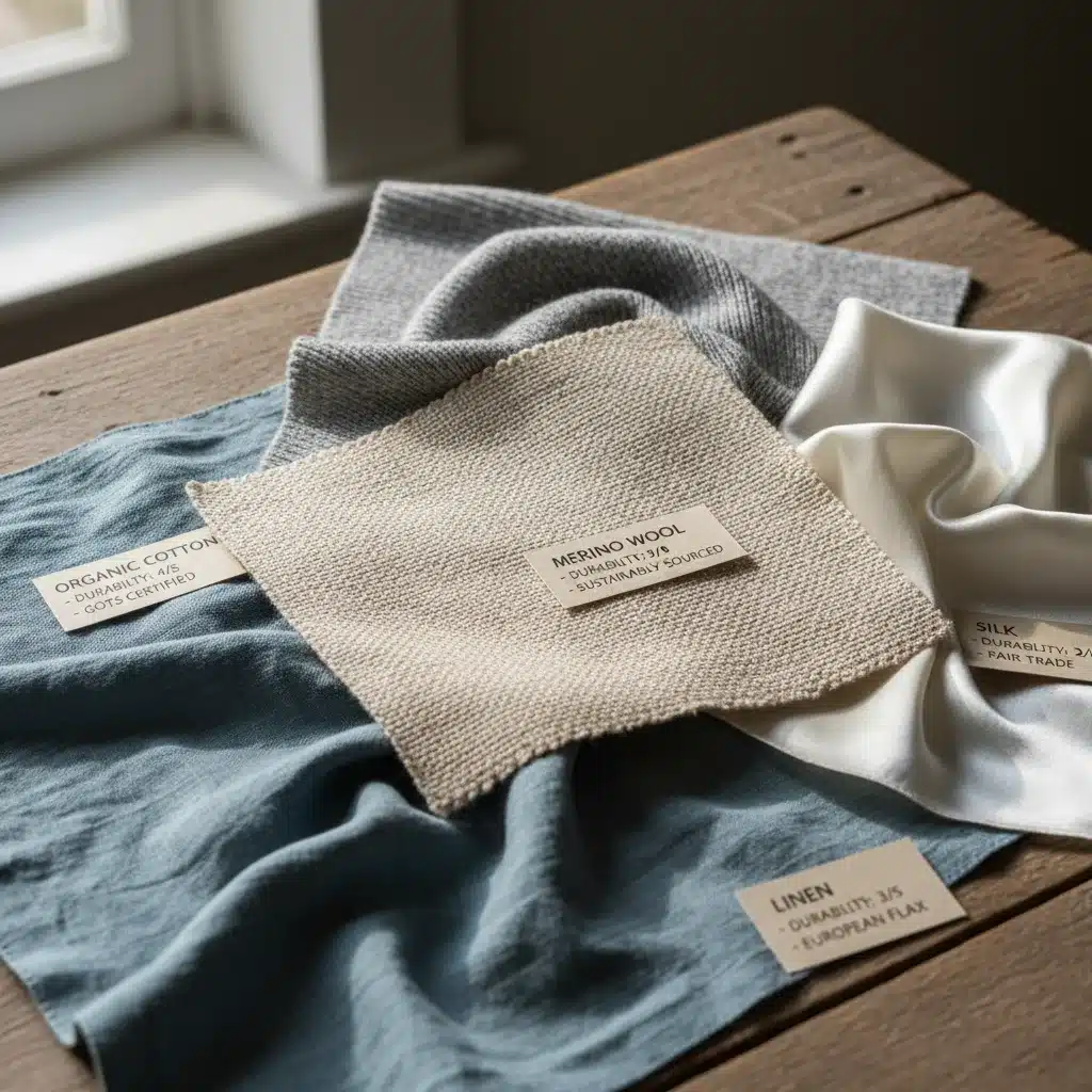 Close-up of high-quality fabric swatches: organic cotton, merino wool, linen, silk