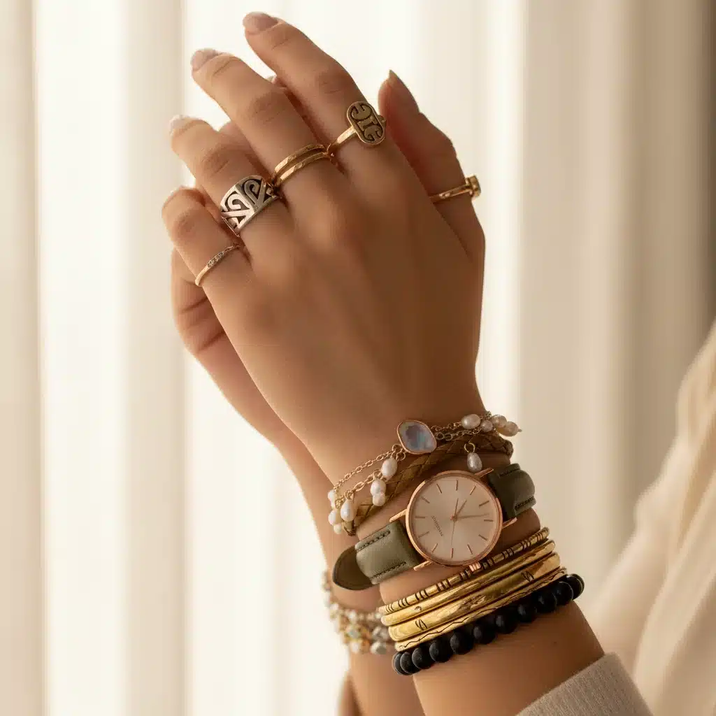 Close-up of hands showcasing layered jewelry including rings, bracelets, and a watch.
