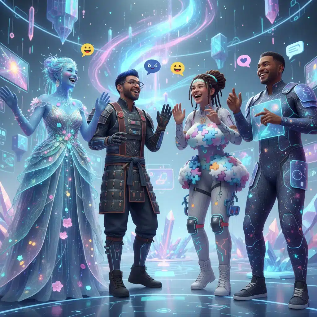 Diverse avatars in a virtual social space wearing digital garments